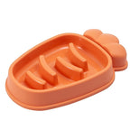 Furlouve orange carrot-shaped slow feed dog bowl made of PP material to prevent choking and promote healthy eating.