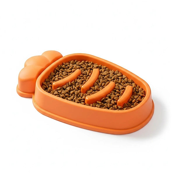 Furlouve orange PP slow feed dog bowl shaped like a carrot, with raised dividers to slow eating.