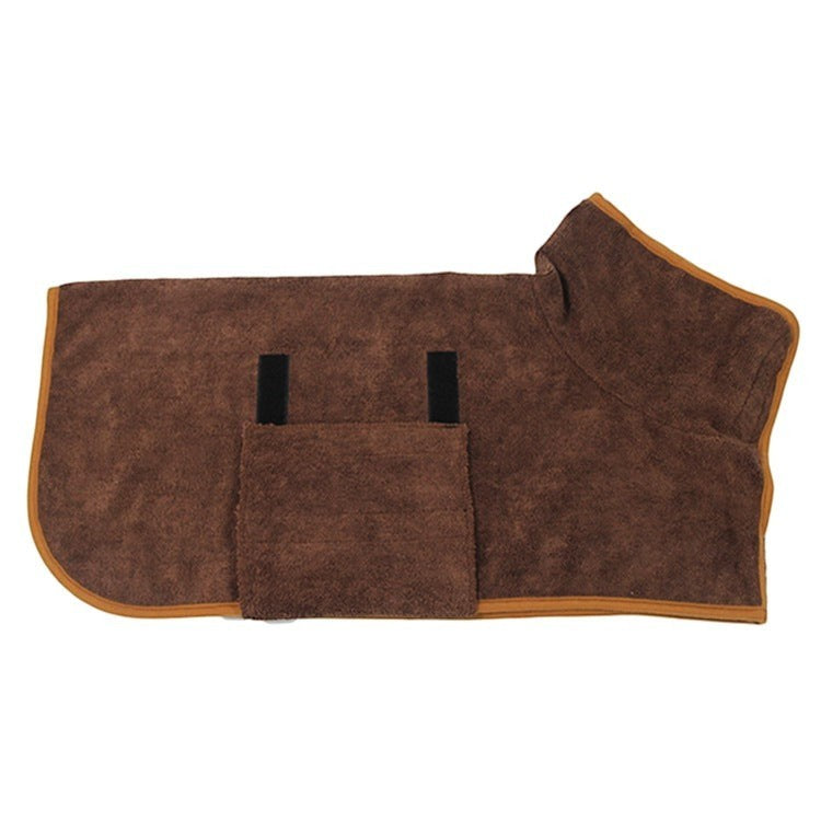 Furlouve brown microfiber pet bathrobe with hook & loop closure and adjustable straps for quick drying.