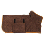 Furlouve brown microfiber pet bathrobe with hook & loop closure and adjustable straps for quick drying.