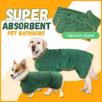 Furlouve green microfiber pet bathrobe with orange trim, featuring hook & loop closure and adjustable straps. Shown on a Labrador and a Corgi.