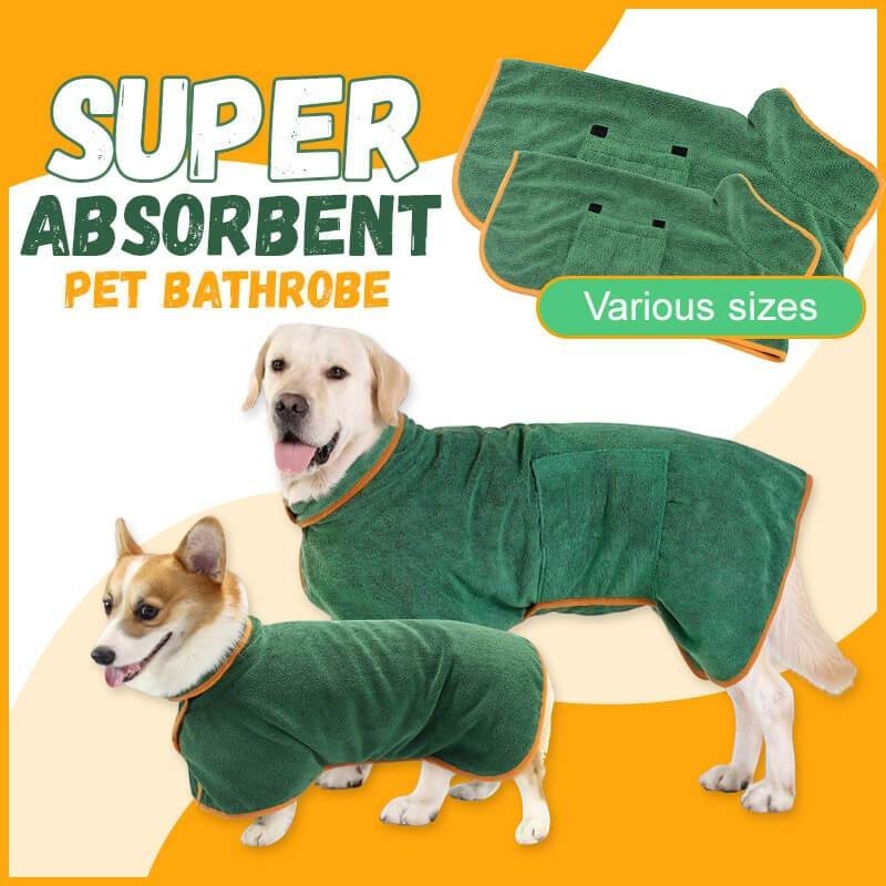 Furlouve green microfiber pet bathrobe with orange trim, featuring hook & loop closure and adjustable straps. Shown on a Labrador and a Corgi.