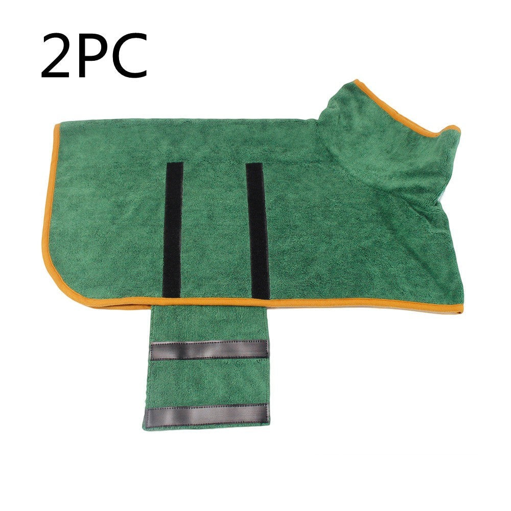 Furlouve green microfiber pet bathrobe with orange trim and black hook & loop closure. Super absorbent dog towel coat.