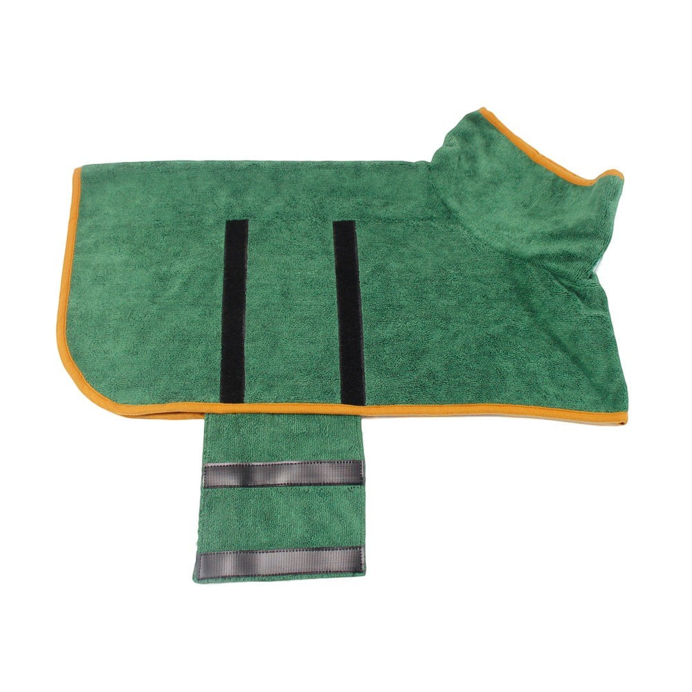 Furlouve green microfiber pet bathrobe with orange trim and black hook & loop closure for quick drying.