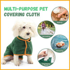 Furlouve green microfiber pet bathrobe with orange trim, featuring hook & loop closure for easy drying after baths or swims.