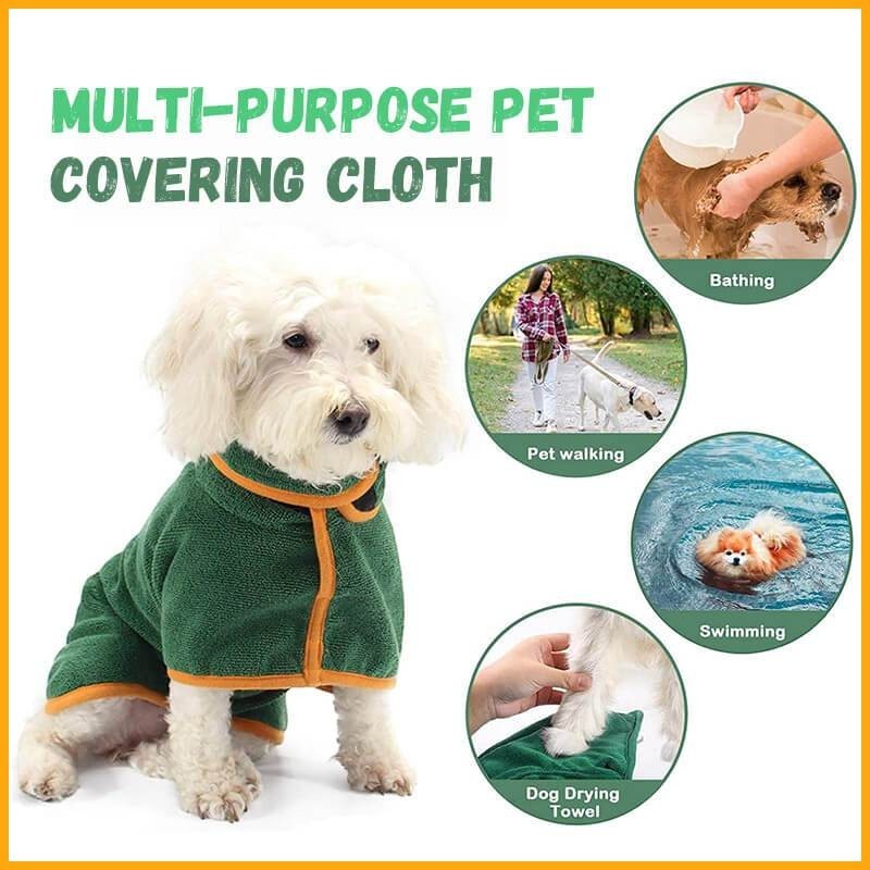 Furlouve green microfiber pet bathrobe with orange trim, featuring hook & loop closure for easy drying after baths or swims.
