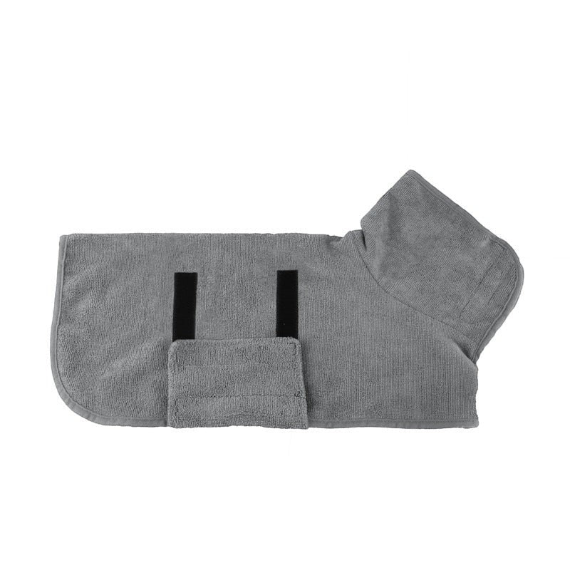 Furlouve grey microfiber pet bathrobe with hook & loop closure and adjustable straps for quick drying.