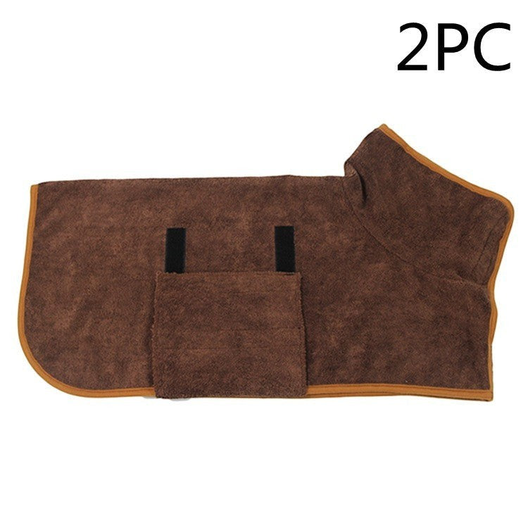 Furlouve brown microfiber pet bathrobe with hook & loop closure and adjustable straps for quick drying.