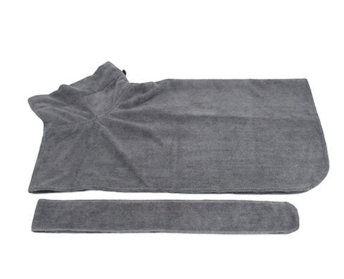Furlouve grey microfiber pet bathrobe with hook & loop closure for quick drying after baths or walks.