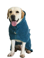 Furlouve teal microfiber pet bathrobe for dogs, super absorbent with hood and hook & loop closure.