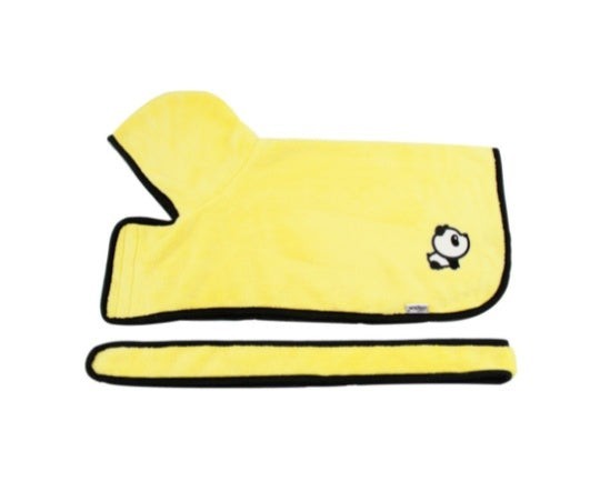 Furlouve yellow microfiber pet bathrobe with panda embroidery and black trim. Features hood and adjustable closure.