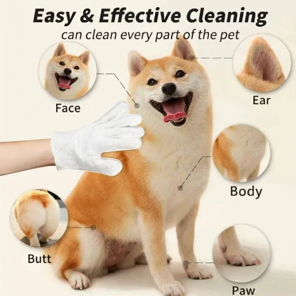 Furlouve white cleaning glove gently grooming a Shiba Inu dog, showing cleaning areas for face, ears, body, butt, and paws.