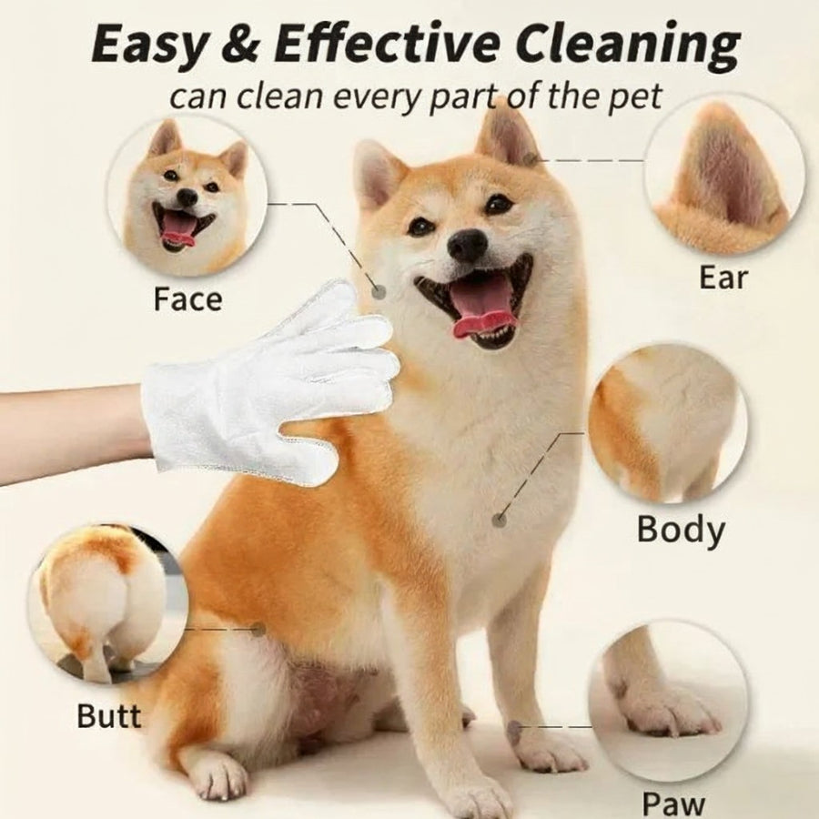Furlouve white cleaning glove gently grooming a Shiba Inu dog, showing cleaning areas for face, ears, body, butt, and paws.
