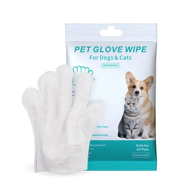 Furlouve white disposable pet cleaning glove and unscented wipes for dogs and cats, 6 count pack.