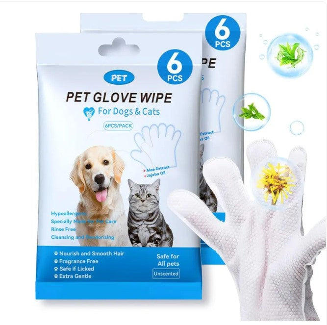 Furlouve pet cleaning gloves and wipes for dogs and cats, 6 pieces per pack, hypoallergenic, rinse-free, unscented.