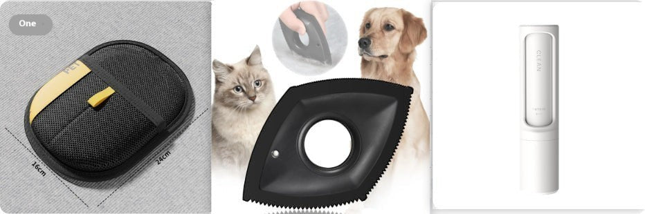 Furlouve Pet Hair Removal Glove, black, ergonomic design for clothing and furniture, with cat and dog illustration.