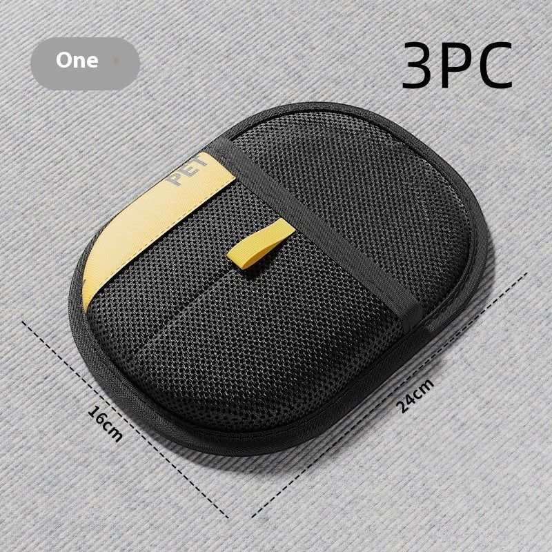 Furlouve Pet Hair Removal Glove, black mesh with yellow strap, ergonomic design for cleaning clothes and furniture.