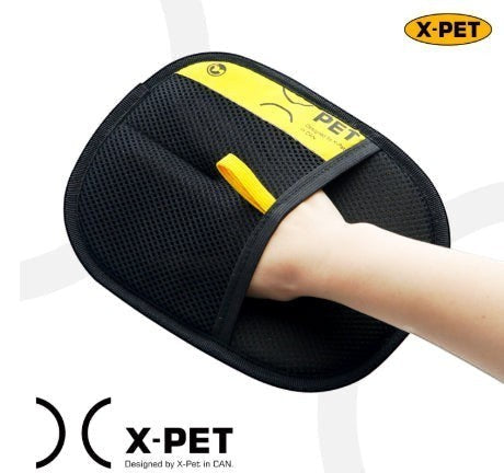 Furlouve Pet Hair Removal Glove, black mesh with yellow accents and a yellow loop, designed for easy pet hair cleanup.