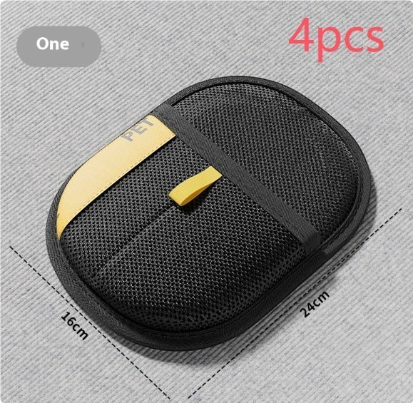Furlouve black pet hair removal glove with yellow accent, mesh surface, and elastic strap.
