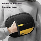 Furlouve black and yellow pet hair removal glove with mesh and velvet surfaces for cleaning clothes and furniture.