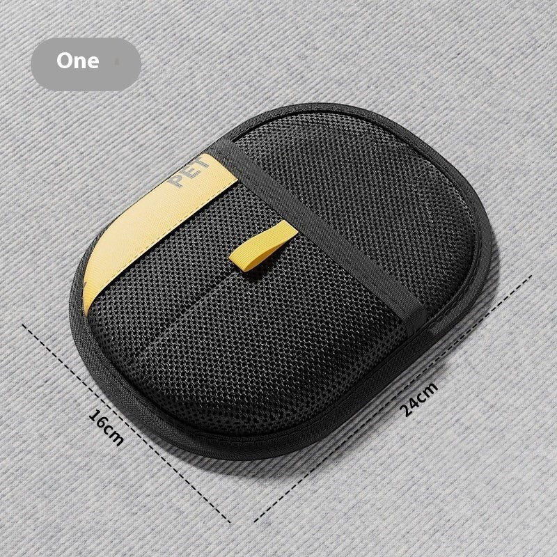 Furlouve black pet hair removal glove with yellow accent strap and "PET" text, mesh surface.