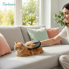 Furlouve pet hair removal glove with grey mesh and yellow tab, used on an orange cat on a sofa.