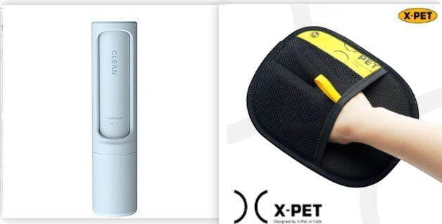 Furlouve Pet Hair Removal Glove, a light blue lint roller and a black pet hair removal mitt with yellow accents.