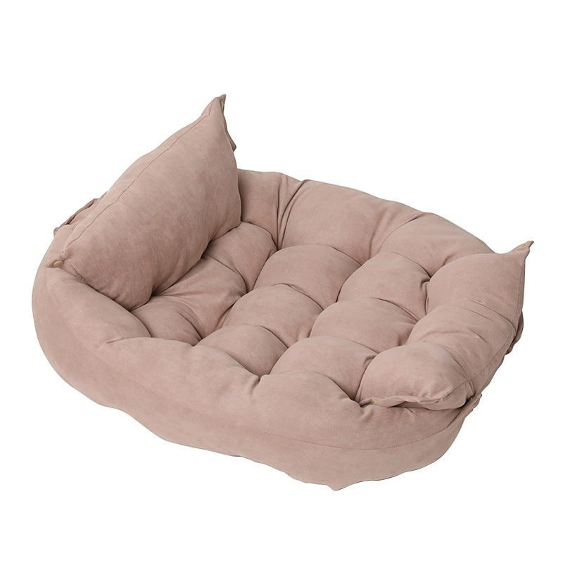 Furlouve beige imitation deer skin velvet pet cushion, plush and tufted design with raised edges for comfort.