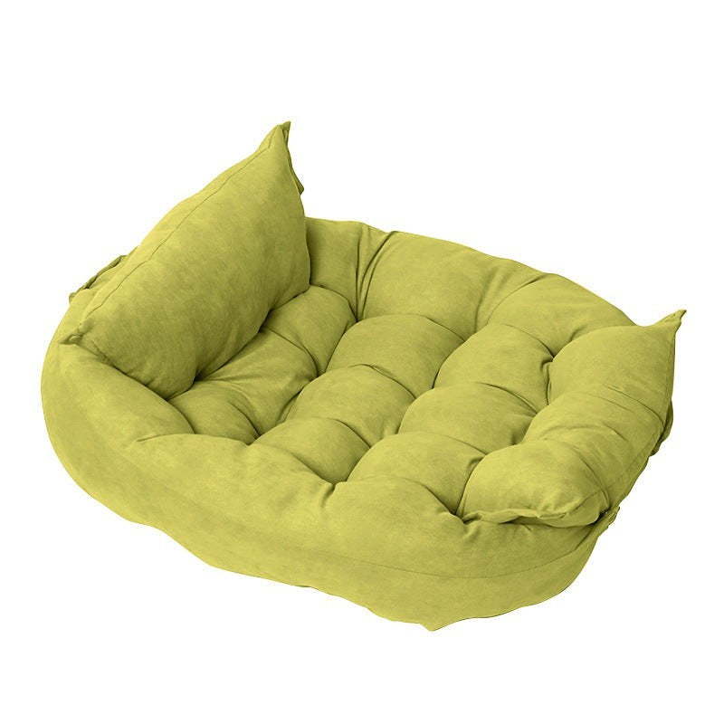 Furlouve lime green plush pet cushion made of imitation deer skin velvet fabric, tufted design with raised edges.