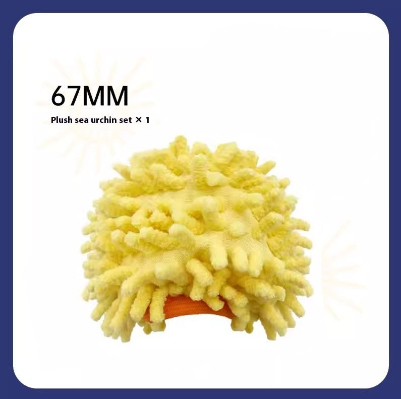Furlouve yellow plush sea urchin dog toy, 67mm, textured for chewing and dental health.