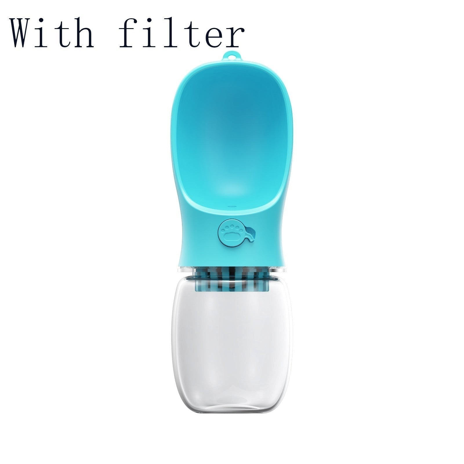 Furlouve blue portable pet water bottle with built-in trough and one-touch button for easy dispensing. BPA-free.