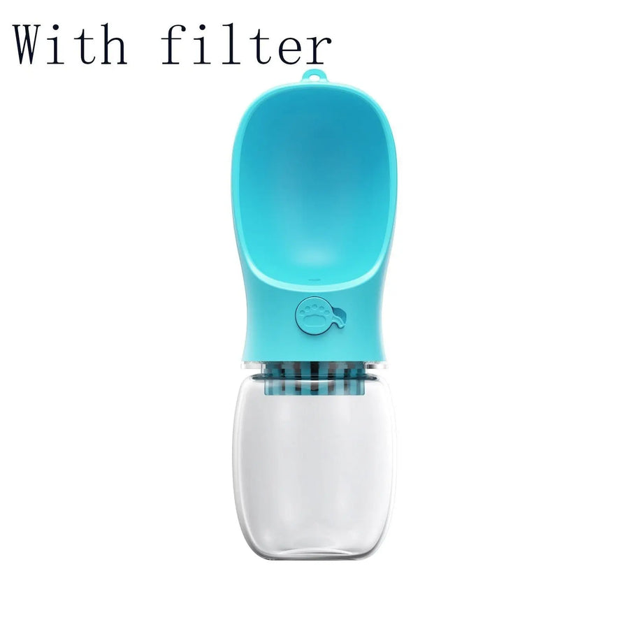 Furlouve blue portable pet water bottle with built-in trough and one-touch button for easy dispensing. BPA-free.