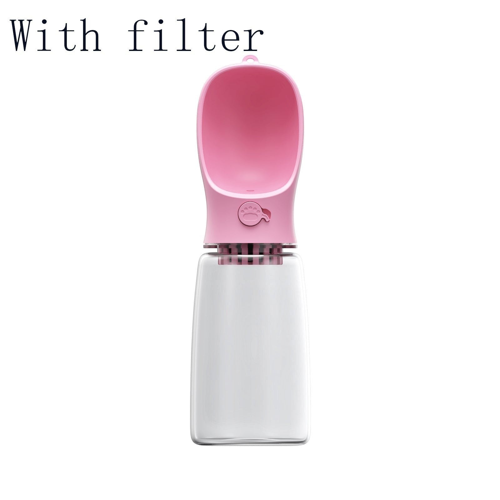 Furlouve blue portable pet water bottle with pink trough and filter, BPA-free ABS and PC plastic, leak-proof design.