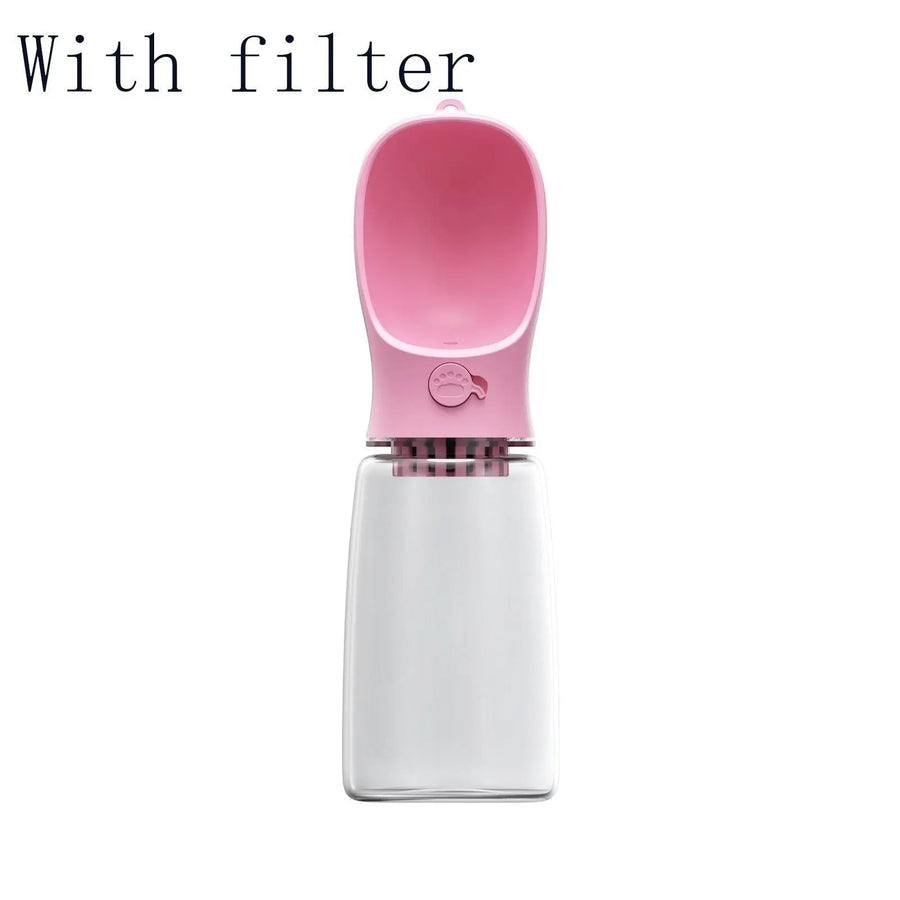 Furlouve blue portable pet water bottle with pink trough and filter, BPA-free ABS and PC plastic, leak-proof design.