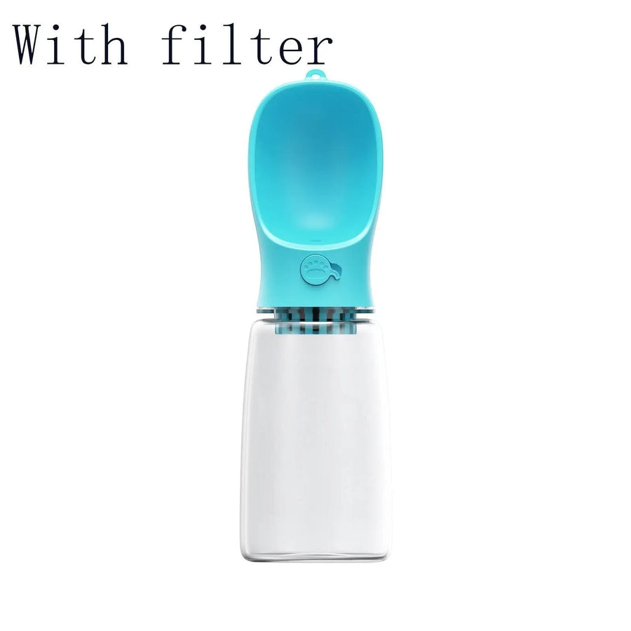 Furlouve blue portable pet water bottle with built-in trough and one-touch operation for travel