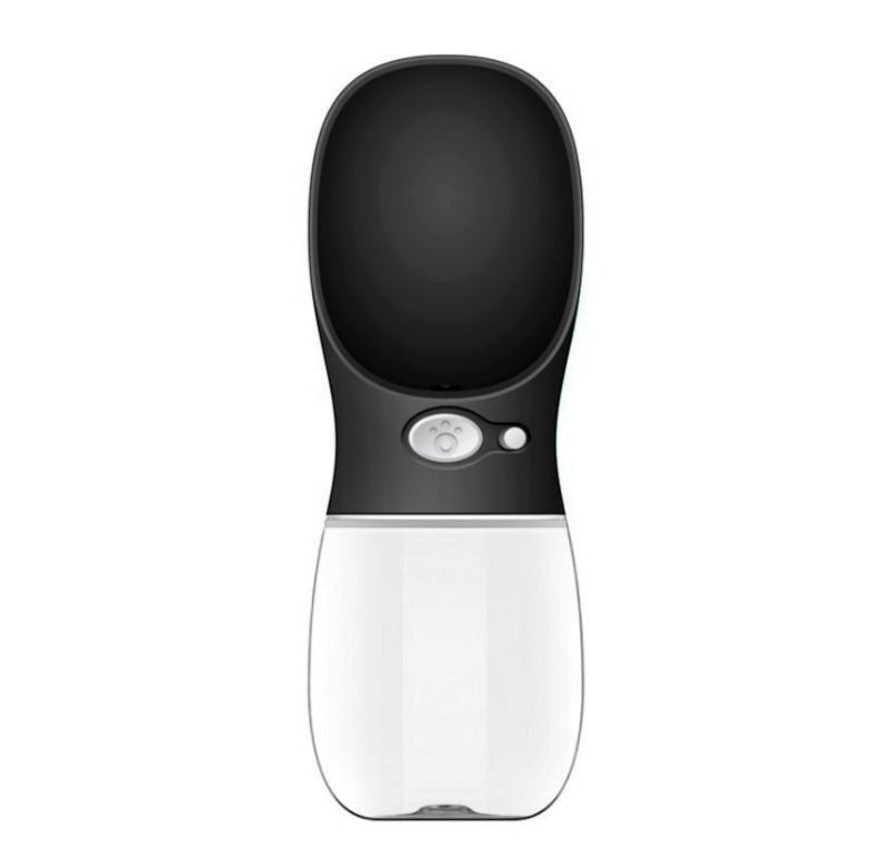Furlouve blue portable pet water bottle with black top and clear reservoir. Features one-touch operation and leak-proof design.
