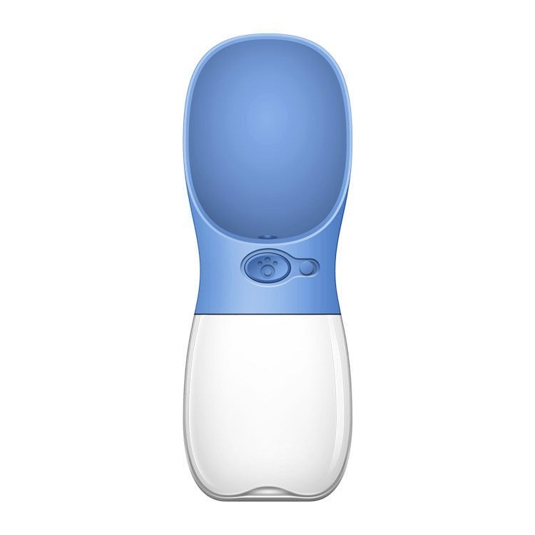 Furlouve blue portable pet water bottle with a built-in trough and one-touch button for easy dispensing.