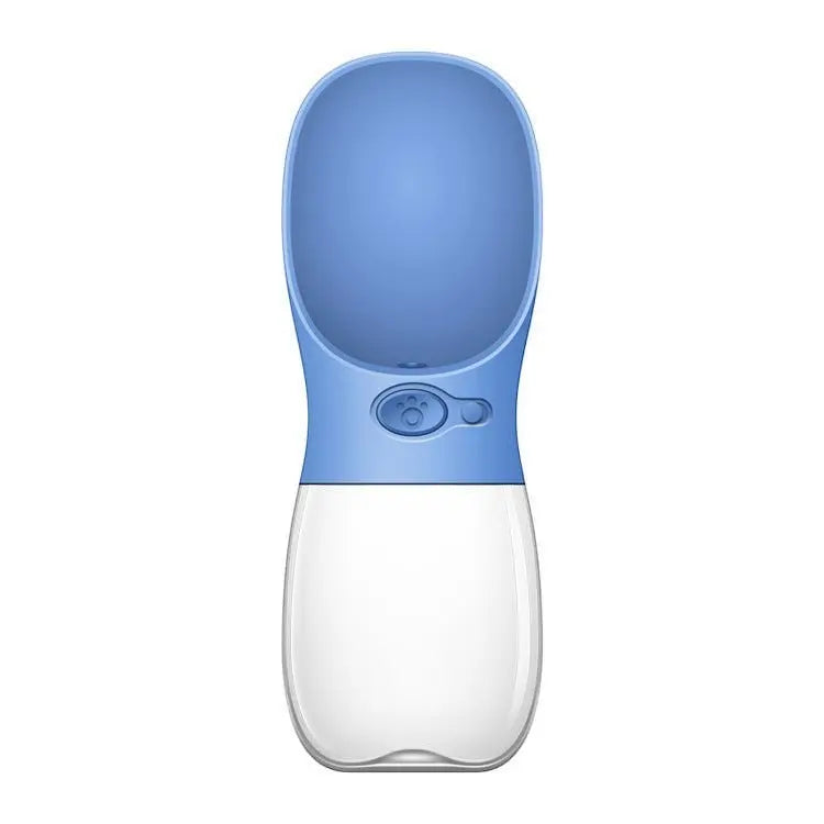 Furlouve blue portable pet water bottle with a built-in trough and one-touch button for easy dispensing.