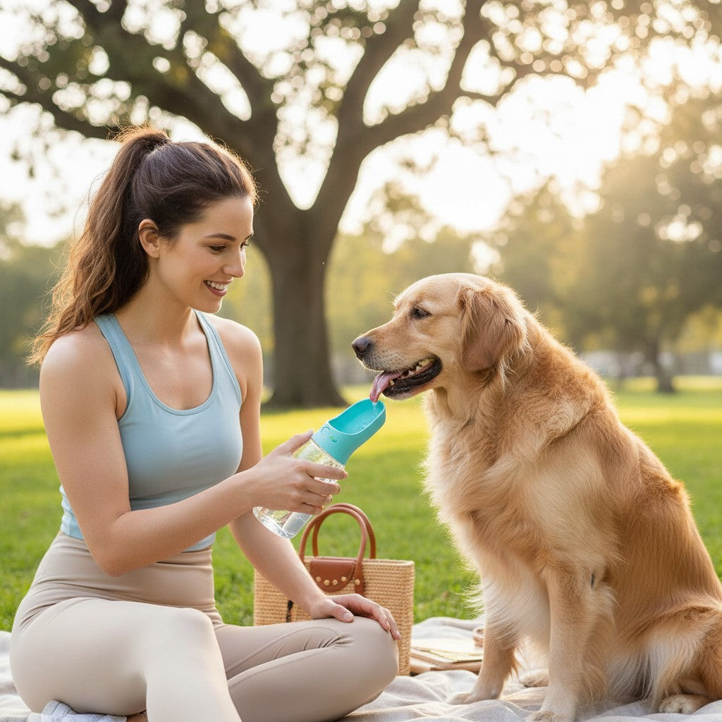 Furlouve blue portable pet water bottle with one-touch operation and leak-proof design for dogs and cats.