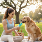 Furlouve blue portable pet water bottle with one-touch operation and leak-proof design for dogs and cats.
