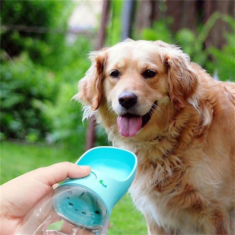 Furlouve blue portable pet water bottle with leak-proof design and one-touch operation for dogs and cats.