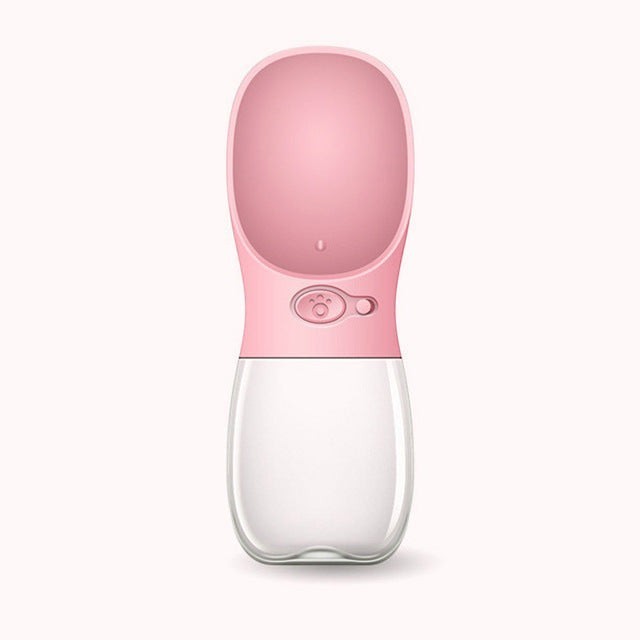 Furlouve pink and clear portable pet water bottle with one-touch operation and leak-proof design.