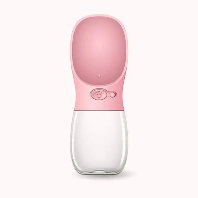 Furlouve pink and clear portable pet water bottle with one-touch operation and leak-proof design.