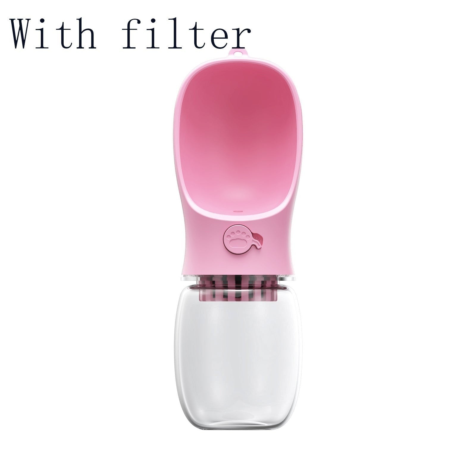Furlouve pink portable pet water bottle with a built-in trough and one-touch button for easy dispensing. Made from BPA-free plastic.
