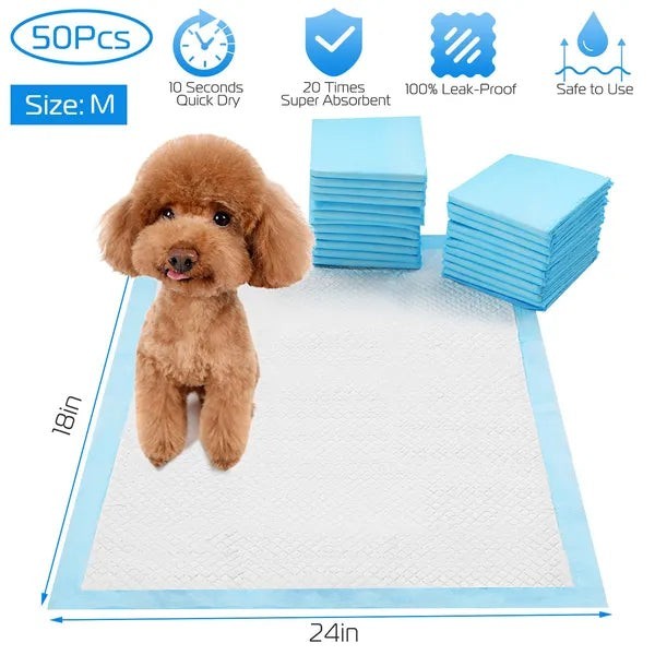Furlouve puppy & kitten training pads, 50-pack, 5-layer super absorbent, leak-proof, quick-dry, odor-eliminating, 24x18 inches