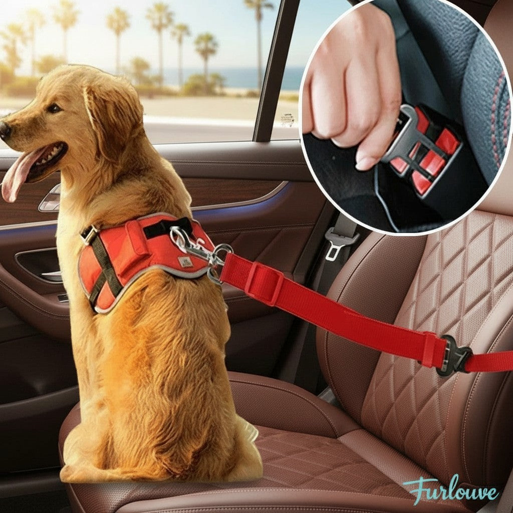 Furlouve red adjustable nylon dog car seat belt harness for safe travel