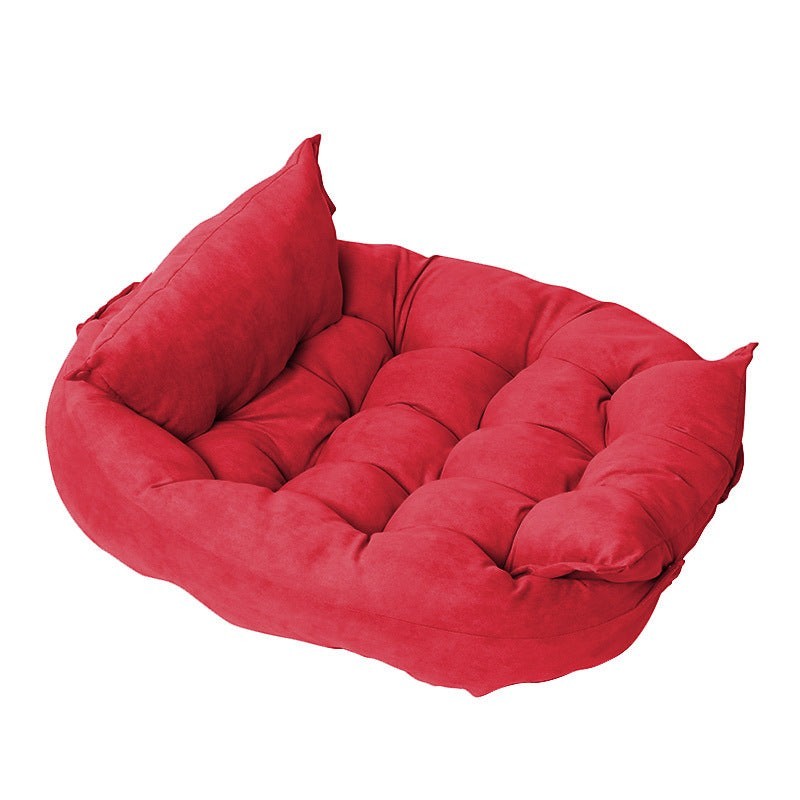 Furlouve red plush pet cushion made of imitation deer skin velvet fabric, with a tufted design and raised edges for comfort.