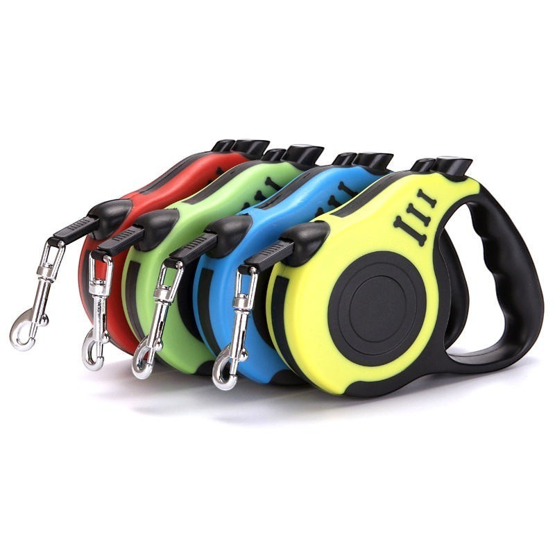 Furlouve retractable dog leash in blue, red, green, and yellow. Features one-touch brake and auto-retract.