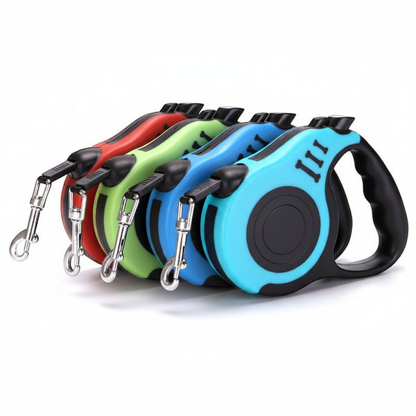 Furlouve retractable dog leash in blue, red, green, and yellow. Features one-touch brake and auto-retract.