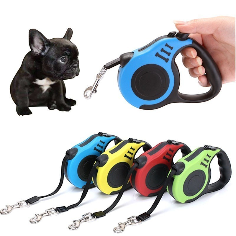 Furlouve retractable dog leash with one-touch brake, available in blue, yellow, red, and green. Features eco-friendly handle.